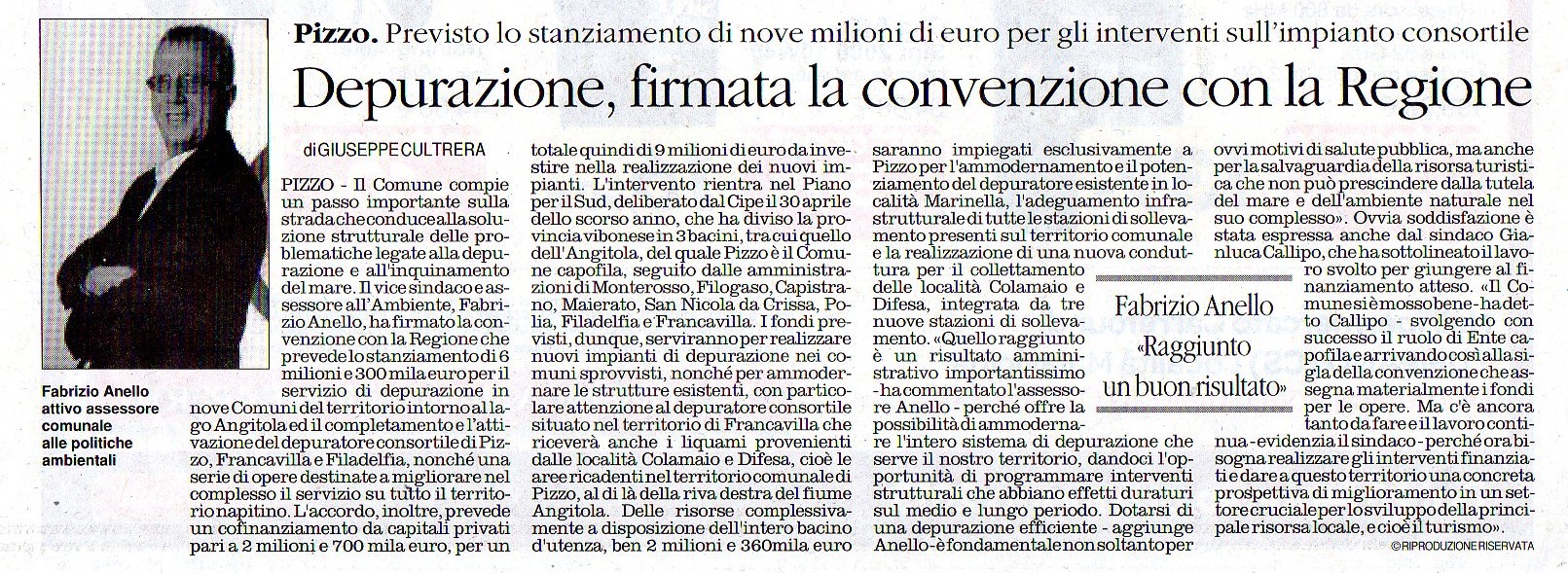 Depurazione, firmata la convenzione con la Regione